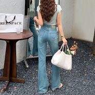 美思源夏季薄款微喇牛仔褲女2025年新款高腰修身顯瘦淺色超火高街喇叭褲 藍(lán)色長(zhǎng)褲 S[85-97斤] 均碼