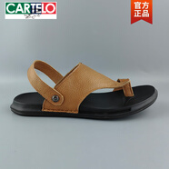 卡帝樂(lè)鱷魚(yú)（CARTELO）剪標(biāo)全牛皮涼鞋男真皮夏季外穿夾趾人字拖涼鞋兩穿開(kāi)車(chē)沙灘鞋男鞋 淺棕色【TC-9128】 38