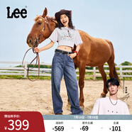 Lee【張凌赫代言】春夏中藍色水洗428懶懶褲高腰顯瘦女寬腿牛仔褲 中藍色1 30