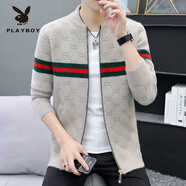 花花公子（PLAYBOY）春秋季新款水貂絨夾克男士休閑毛衣外套針織開衫潮流拼色線衣茄克 WE8927卡其色【拉鏈開衫】 5XL