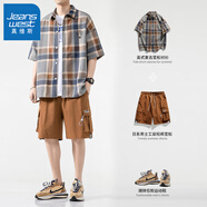 真維斯（Jeanswest）【兩件套】短袖套裝男士夏季薄款潮牌襯衫t恤冰絲短褲一套KXP 【兩件套】CY53灰藍(lán)+DK002咖色 2XL