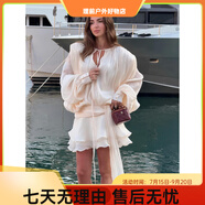 無（booroola）跨境雪紡長(zhǎng)袖連衣裙歐美2025夏季新款燈籠袖系帶短裙荷葉邊連衣裙 米白色 S