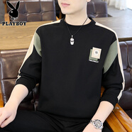 花花公子（PLAYBOY）衛(wèi)衣男2025春秋新款圓領(lǐng)長袖修身打底體恤衫男士秋裝休閑上衣潮牌 黑色 常規(guī) M 85-105斤