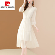 皮爾卡丹（pierre cardin）法式真絲鑲鉆連衣裙女2025夏季新款系帶顯瘦桑蠶絲中長(cháng)裙針織 杏色 S