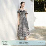 亦谷天絲荷葉邊小飛袖連衣裙女2025夏季新款優(yōu)雅修身中長(zhǎng)裙子 黑白格 M