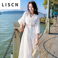 LISCN白色連衣裙長(zhǎng)裙2023新款春季流行穿搭長(zhǎng)袖茶歇法式沙灘裙春秋裙子 白色連衣裙 M 100-110斤
