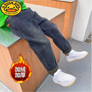 G.DUCKKIDS童裝兒童加絨秋冬款2024牛仔褲男孩新款寬松中大童休閑洋氣長(cháng)褲潮 藍色男童牛仔褲(一體加絨褲) 150 (參考年齡10-11歲)(參考年
