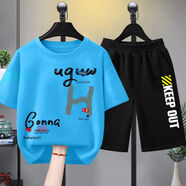 杰米熊（JMBEAR）童裝男童夏季套裝男孩2025新款純棉短袖衣服兒童中大童T恤 天藍(lán)色+黑褲 170  【體重95斤-110斤】