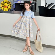 G.DUCKIDS女童夏季套裝2025新款洋氣兒童時髦女孩短袖T恤裙子兩件 碎花背帶裙套裝 120 cm