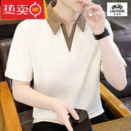 老爺車夏季高端純棉短袖POLO衫男t恤2025新款潮流V領(lǐng)拼色百搭體恤衫潮 杏色 M