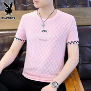 花花公子（PLAYBOY）男士薄款短袖t恤夏季韓版透氣冰絲半袖體恤青年潮流提花圓領(lǐng)上衣 粉紅色ZY-246 2XL 140-155斤以內(nèi)