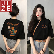 JEZE短袖T恤女2025正肩學(xué)生寬松洋氣印花半袖夏季女裝新款上衣 重磅棉質(zhì)#811#黑#色 郁 【時(shí)尚】【z】 M (建議100-115斤)