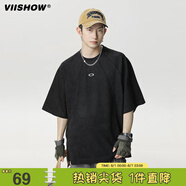 viishow休閑情侶美式復(fù)古重磅麂皮絨T恤男2025夏季新款短袖潮牌寬松上衣 黑色 L