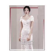2020夏季新款氣質(zhì)歐美時尚短袖蕾絲修身V領中長款連衣裙女 短袖 L