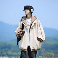 普戈斯（PUGESI）棒球服男外套秋冬季加棉加厚胖子加大碼潮流寬松百搭拼色圓領(lǐng)夾克 J875杏色 常規(guī) 連帽款 XL