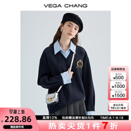 VEGA CHANG假兩件衛衣女秋季2025新款洋氣減齡學(xué)院風(fēng)顯瘦短外套 海港藍（常規版） S
