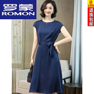 羅蒙（ROMON）真絲連衣裙夏修身顯瘦短袖a字裙通勤氣質(zhì)中長裙媽媽裙子女 藏青色 3XL