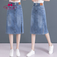 蜜樂(lè )奇牛仔半身裙女2026夏季新款高腰a字短裙顯瘦薄款中長(cháng)開(kāi)叉包臀裙子 8155新款 藍色 L 建議/105-115斤