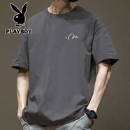花花公子（PLAYBOY）重磅純棉短袖T恤男夏季寬松百搭體恤上衣潮流簡(jiǎn)約 深灰色純棉短袖-2570 M 建議110-130斤