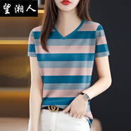 望湘人撿漏冰絲剪標女裝圓領(lǐng)短袖2025夏季新款T恤遮肚女上衣 19620粉藍條-圓領(lǐng)短袖上衣 4XL 建議140-155斤