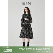 EIN青花瓷系列 EIN言素胚青花印花國(guó)風(fēng)立領(lǐng)高腰碎褶連衣裙春秋新款 石墨黑（長(zhǎng)款） S