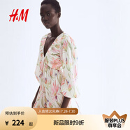 H&M女裝花卉連衣裙2025夏季新款度假風(fēng)喇叭袖褶紋連身裙1295133 奶油色/花卉 M 165/96
