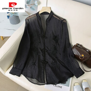 皮爾卡丹新中式國潮風(fēng)襯衫女2025夏季輕薄防曬開(kāi)衫高端歐根紗貴夫人香上衣 黑色 M 90-105斤