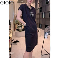 GIOIO絲巾拼接連衣裙女2025新款夏季韓版休閑時(shí)尚純色簡(jiǎn)約中長(zhǎng)款T恤裙 藏青色純色絲巾連衣裙 2XL 建議120-130斤