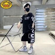 G.DUCKKIDS男童夏季短袖套裝2024新款潮童裝中大童洋氣街舞套裝純棉運動服T TO-BOY黑色套裝 130 適合身高120左右