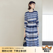 顏域七分袖條紋連衣裙女裝2024新款時尚簡約連身裙中長款圓領(lǐng)裙子 藍條 L/40