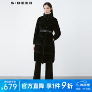 sdeer圣迪奧2021冬季寬松型OL女裝高領(lǐng)撞色字母燈芯絨長(cháng)款羽絨服S21462425 黑色/91 S/160