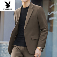 花花公子（PLAYBOY）商務(wù)免燙小西裝男士秋季純色韓版潮流帥氣休閑修身黑色西服外套男 棕色 S 【70-80斤左右】