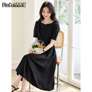 品彩（PinCai）連衣裙女法式赫本風(fēng)高級(jí)黑色連衣裙a字短袖中長(zhǎng)裙P52Q069