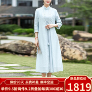 歐迪鳥(niǎo)（ODYBIRD）旗袍2025新款春季漢服女裝外披新中式民族風(fēng)復(fù)古連衣裙?jié)h元素外套 藍(lán)色 S