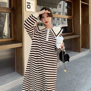 ROAR UTHAUG娃娃領(lǐng)條紋連衣裙女中長(cháng)款2025秋季新款長(cháng)袖減齡a字衛衣裙寬松潮 咖色條紋【面料 秋季中長(cháng)裙】 S 建議80-100斤
