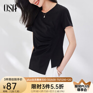 歐莎（OSA）黑色不規(guī)則短袖t恤女2025夏季新款短款體恤大碼巨顯瘦上衣正肩 黑色 S