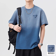洛姆斯美式漸變短袖t恤男夏季新款復(fù)古水洗純棉打底衫 灰藍色 M 【建議100-120斤】