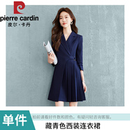 皮爾卡丹（pierre cardin）灰色連衣裙女春秋2025新款工裝裙子氣質(zhì)收腰中長(zhǎng)款職業(yè)百褶西裝裙 YWZ668藏青色西裝連衣裙 2XL