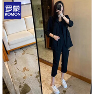 羅蒙（ROMON）氣質職業(yè)長袖小西裝女春秋新款大碼胖妹妹顯瘦感御姐兩件套裝 黑色版【時尚感/成套搭配/御姐風 3XL 【建議160-180斤】