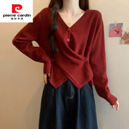 皮爾卡丹（pierre cardin）春季安哥紅V領(lǐng)長袖針織開衫大碼女裝胖mm新年紅色不規(guī)則毛衣上衣 安可拉紅上衣【顯瘦遮肉/溫柔御姐輕熟/奶系穿搭/今 M 【80-100斤】
