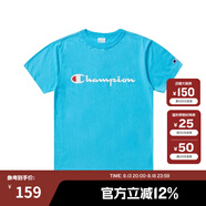 Champion夏季經(jīng)典款印花草寫LOGO圓領(lǐng)休閑運(yùn)動(dòng)T恤無性別冠軍短袖男女情侶 湖藍(lán)色 M
