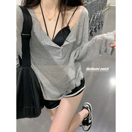 酷章（KUZHANG）灰色純欲顯瘦防曬T恤罩衫女夏季薄款冰絲慵懶風(fēng)休閑針織上衣 灰色防曬衫純欲兩件套/小個(gè)子穿 S 80-95斤