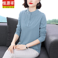 恒源祥純棉長(cháng)袖t桖女春秋新款刺繡大碼女裝中年媽媽洋氣上衣打底衫 淺藍色 3XL 145-155斤