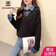 AEMAPE 假兩件毛衣女2025春秋季拼接牛仔布針織衫女寬松上衣 MX-7284_黑色 XL _115-125斤