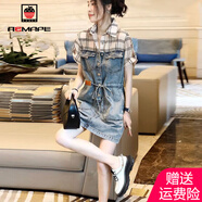 AEMAPE女裝2025夏季新款拼接格子收腰牛仔連衣裙女士時尚氣質(zhì)直 杏色格子拼接 M _(建議115-130斤)