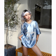 現寶蓮美式街頭復古冰棒球服寬松字母球衣綢面Baby藍V領(lǐng)運動(dòng)短袖T恤 淺藍色 XL