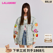 LALABOBO設計感水果刺繡寬松牛仔外套女裝潮休閑個(gè)性毛邊夾克LBDC-WSJW11 淺藍白 常規 M