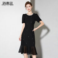 海青藍(lán)（CYANINE SEA） 短袖釘鉆網(wǎng)紗連衣裙夏女2025新款女裝輕熟小眾不撞款裙子 黑色 S