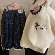 G·DUCK KIDS女童秋冬套裝2025新款洋氣女寶寶加厚毛衣韓系加絨休閑褲兩件套潮 小房子毛衣+波點(diǎn)休閑褲 加絨 90