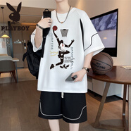 花花公子（PLAYBOY）青少年夏季套裝男生初中生冰絲短袖t恤潮流大童夏裝休閑運(yùn)動(dòng)衣服 1906白色(短袖+短褲) 品質(zhì)保證 L 90-110斤左右